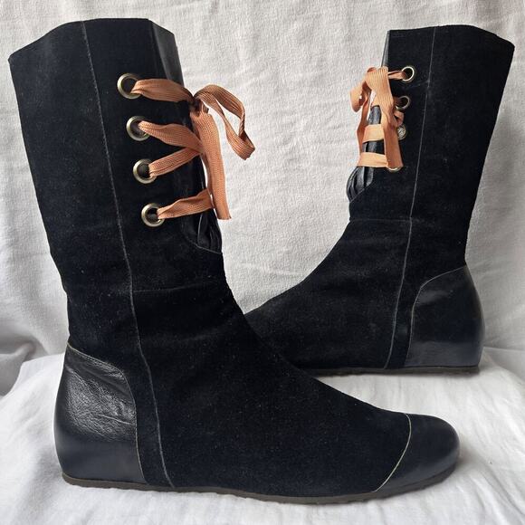 Peter Kent Women's Suede/Leather Flat Boots Black Size 38.5/US 8 Italy - Picture 2 of 10